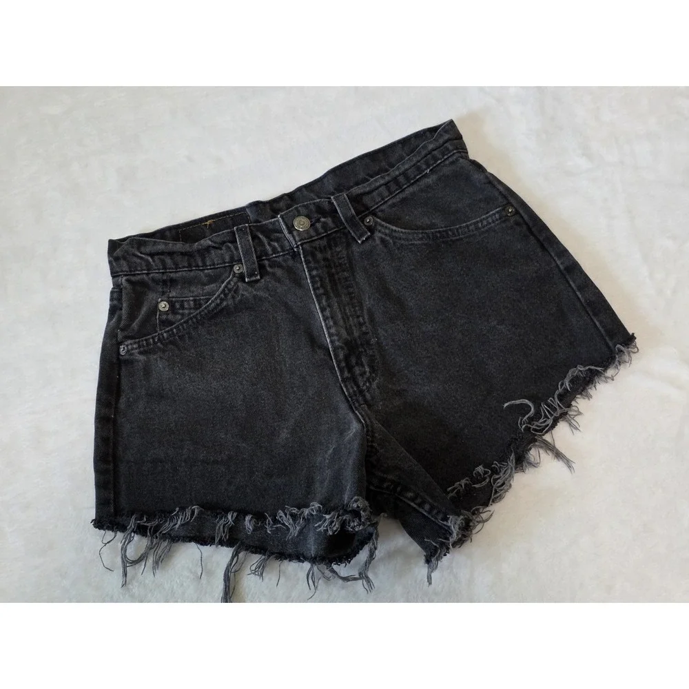 Levi's Vintage 90s Womens W30 550 Orange Tab Cut Off Black Denim Shorts Festival